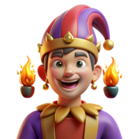 vibrant minimalist Portrait of a mischievous jester with colorful clothes, bells, and a playful grin, lit by torches in a medieval castle premium png