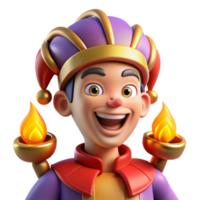 dramatic artistic Portrait of a mischievous jester with colorful clothes, bells, and a playful grin, lit by torches in a medieval castle original png