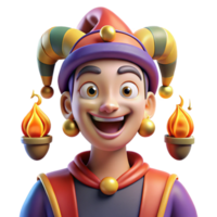 serene modern Portrait of a mischievous jester with colorful clothes, bells, and a playful grin, lit by torches in a medieval castle 4K png