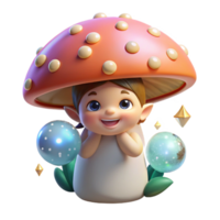 elegant vintage A mischievous pixie peering out from behind a giant, luminous mushroom, surrounded by sparkling dew drops. Cartoon style high quality png