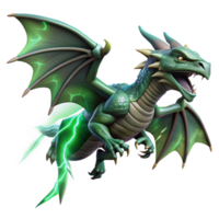 dramatic creative A fierce dragon with emerald scales soaring through a storm-ridden sky, illuminated by flashes of lightning. Greg Rutkowski style high resolution png