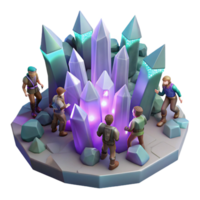 stunning minimalist A group of adventurers exploring a crystal cave, lit by the soft glow of the crystals. Detailed, fantasy art style professional png