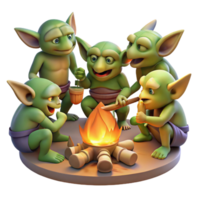 dramatic creative A group of goblins feasting around a crackling fire in a dark cave, illuminated by the firelight. Cartoonish style genuine png