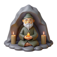 magnificent traditional A wise old hermit meditating in a cave, lit by a single candle. Zen style detailed png