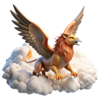 magnificent contemporary A majestic griffin soaring through the clouds, bathed in sunlight. Photorealistic style detailed png