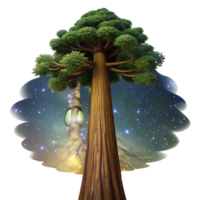 dramatic abstract A colossal sequoia tree reaching into a starry night sky, illuminated by the Milky Way, digital painting style high resolution png