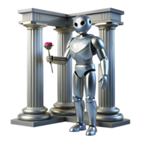 elegant artistic A sleek, chrome robot holding a wilting rose, standing amidst the ruins of a classical Greek temple, lit by a single, ethereal beam of moonlight exclusive png