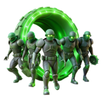 wonderful abstract A group of bioengineered soldiers, clad in chitinous armor, emerging from a swirling portal of emerald green energy, harsh, angular shadows cast by an unseen light source premium png