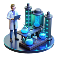 wonderful minimalist A high-tech laboratory filled with bubbling vials and complex machinery, illuminated by the cool blue light of holographic displays, a lone scientist hunched over a console 4K png