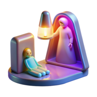 wonderful modern A holographic projection of a deceased loved one, flickering and glitching, illuminated by the warm light of a bedside lamp, a grieving figure reaching out detailed png