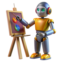 elegant artistic A robot artist painting a portrait of a human, intricate brushstrokes and vibrant colors, illuminated by the warm light of a studio lamp high quality png