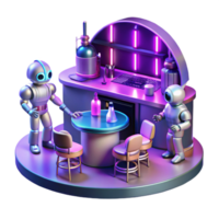 lindo clássico uma futurista Barra cena com robôs e alienígenas misturando, holográfico música visualizações rodopiando por aí eles, iluminado de néon luzes dentro tons do Rosa e roxa exclusivo png