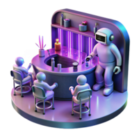 beautiful creative A futuristic bar scene with robots and aliens mingling, holographic music visualizations swirling around them, illuminated by neon lights in shades of pink and purple 4K png