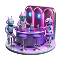 impressionante rústico uma futurista Barra cena com robôs e alienígenas misturando, holográfico música visualizações rodopiando por aí eles, iluminado de néon luzes dentro tons do Rosa e roxa original png