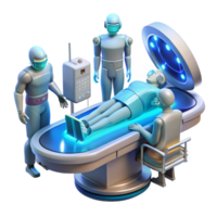 extraordinary creative A futuristic operating room, with holographic displays showing vital signs, surgeons working on a cyborg patient, illuminated by cool, sterile lighting 4K png