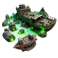 vibrant minimalist A spaceship graveyard, filled with derelict vessels, rusting and decaying, illuminated by the eerie green glow of a nearby nebula detailed png