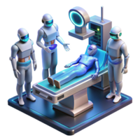 impressive vintage A futuristic operating room, with holographic displays showing vital signs, surgeons working on a cyborg patient, illuminated by cool, sterile lighting exclusive png