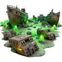 serene artistic A spaceship graveyard, filled with derelict vessels, rusting and decaying, illuminated by the eerie green glow of a nearby nebula exclusive png