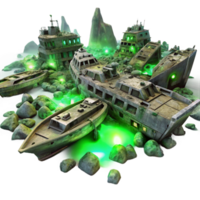 beautiful rustic A spaceship graveyard, filled with derelict vessels, rusting and decaying, illuminated by the eerie green glow of a nearby nebula professional png