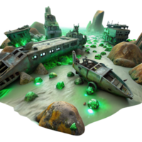 beautiful vintage A spaceship graveyard, filled with derelict vessels, rusting and decaying, illuminated by the eerie green glow of a nearby nebula authentic png