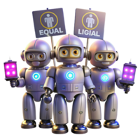 beautiful modern A group of robots protesting for equal rights, holding holographic signs, illuminated by the flashing lights of police drones genuine png