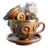 stunning vintage A whimsical steampunk teacup, overflowing with gears and cogs, emitting steam, soft diffused lighting professional png