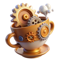 elegant contemporary A whimsical steampunk teacup, overflowing with gears and cogs, emitting steam, soft diffused lighting premium png