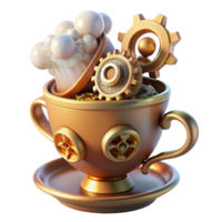 extraordinary rustic A whimsical steampunk teacup, overflowing with gears and cogs, emitting steam, soft diffused lighting high resolution png
