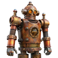 beautiful traditional A towering steampunk robot, rusted and weathered, intricate pipes and valves, apocalyptic lighting high quality png
