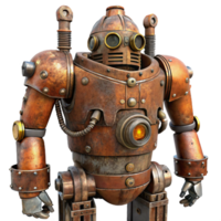 wonderful traditional A towering steampunk robot, rusted and weathered, intricate pipes and valves, apocalyptic lighting high resolution png