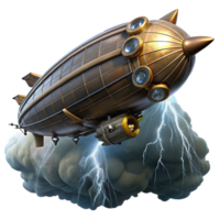 vibrant vintage A massive steampunk zeppelin flying through a storm, dramatic, lightning-filled lighting high quality png