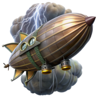 wonderful artistic A massive steampunk zeppelin flying through a storm, dramatic, lightning-filled lighting professional png