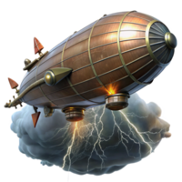 dramatic creative A massive steampunk zeppelin flying through a storm, dramatic, lightning-filled lighting high resolution png