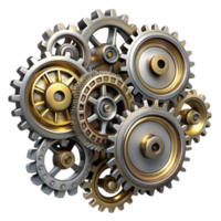 serene traditional A group of steampunk cogs and gears forming a intricate pattern, metallic, reflective lighting high resolution png