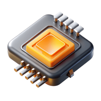 magnificent abstract A single microchip, magnified to reveal its complex layers and pathways, glowing with an internal orange light, highly detailed and technical illustration style authentic png