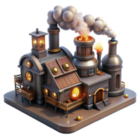 serene abstract A massive steampunk factory with billowing smoke and glowing furnaces, industrial, fiery lighting high resolution png