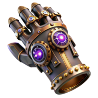 serene minimalist A detailed steampunk gauntlet with intricate gears and glowing crystals, sharp, contrasting lighting high quality png