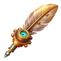 serene modern A delicate steampunk feather pen with intricate gears and a glowing nib, soft, warm lighting high resolution png