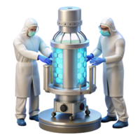 extraordinary vintage A group of scientists in sterile suits working on a complex piece of machinery, illuminated by bright overhead fluorescent lights, realistic and detailed 4K png