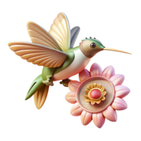 stunning classic A delicate clockwork hummingbird hovering over a blooming mechanical flower, soft pastel lighting, art nouveau style authentic png