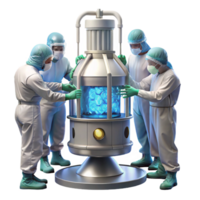 stunning contemporary A group of scientists in sterile suits working on a complex piece of machinery, illuminated by bright overhead fluorescent lights, realistic and detailed original png