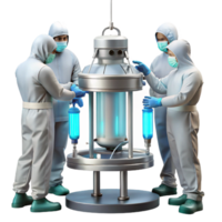 dramatic minimalist A group of scientists in sterile suits working on a complex piece of machinery, illuminated by bright overhead fluorescent lights, realistic and detailed genuine png