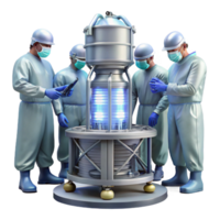 beautiful classic A group of scientists in sterile suits working on a complex piece of machinery, illuminated by bright overhead fluorescent lights, realistic and detailed high quality png