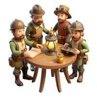 stunning contemporary A group of steampunk explorers gathered around a map table, lit by flickering gas lamps, vintage style genuine png