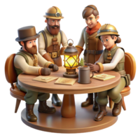 vibrant vintage A group of steampunk explorers gathered around a map table, lit by flickering gas lamps, vintage style original png