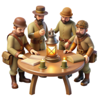 extraordinary classic A group of steampunk explorers gathered around a map table, lit by flickering gas lamps, vintage style exclusive png