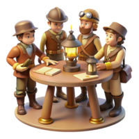 extraordinary abstract A group of steampunk explorers gathered around a map table, lit by flickering gas lamps, vintage style genuine png