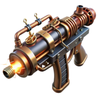 wonderful abstract A steampunk-inspired weapon resembling a Tesla coil rifle, with intricate copper wiring and glowing energy coils, dark, moody lighting, sci-fi style high quality png