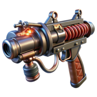 magnificent classic A steampunk-inspired weapon resembling a Tesla coil rifle, with intricate copper wiring and glowing energy coils, dark, moody lighting, sci-fi style high resolution png