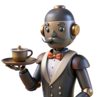 stunning rustic A steampunk-inspired robot butler holding a silver tray with a steaming cup of tea, soft diffuse lighting, cartoon style high resolution png